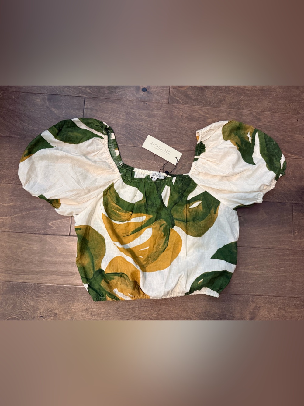 Rachel Zoe Puff Sleeve Crop Top in Green and Mustard on Cream